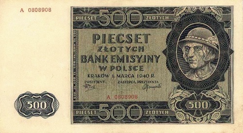 Okupacyjna młynarka– 500 złotych z 1940 r., tak zwany góral