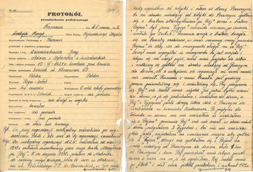 Fragment protokołu przesłuchania Jerzego Dziemieszkiewicza przedstawiający okoliczności wstąpienia do oddziału Narodowego Zjednoczenia Wojskowego pod dowództwem „Roja”. Dokument sporządzony w Warszawie 28 marca 1949 roku.