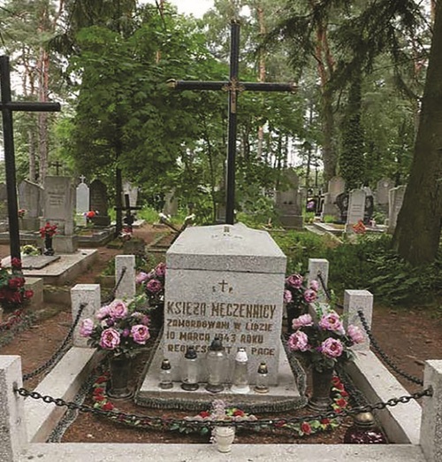 Grób polskich księży na cmentarzu w Lidzie. Na cmentarzu nagrobek w formie żeliwnego krzyża na kamiennym postumencie z inskrypcją, otoczonego niskim ogrodzeniem z łańcuchów i kamiennych słupków.