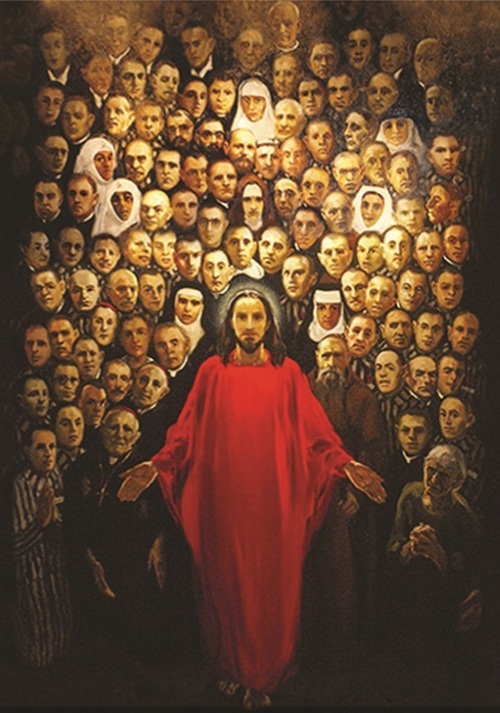 Obraz beatyfikacyjny 108 polskich męczenników II wojny światowej. Sylwetki ludzi otaczają postać Jezusa Chrystusa.