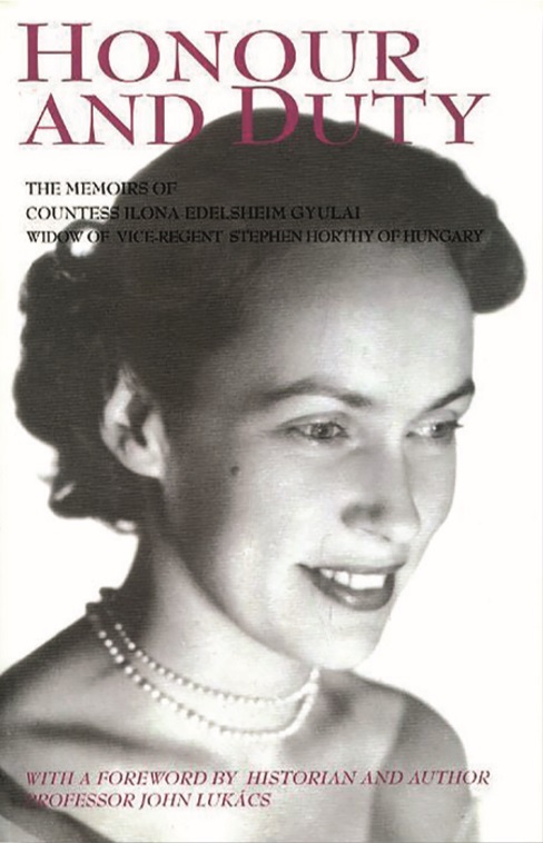 Okładka amerykańskiego wydania wspomnień hrabiny Ilony Edelsheim Gyulai. Na okładce twarz młodej kobiety z eleganckim uczesaniem. jej szyję zdobią perły.