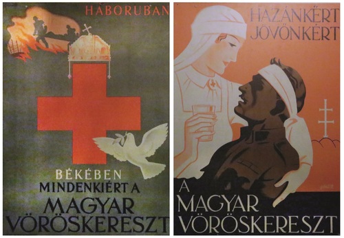 Plakaty z walczącego Budapesztu, 1956 r. ze zbiorów Muzeum Szpitala w Skale. Na jednym: znak Czerwonego Krzyża, gołąbek pokoju, korona św. Stefana, w tle sanitariusze niosący ranną osobę wśród płonącego ognia. Na drugim: sanitariuszka podtrzymująca rannego mężczyznę w mundurze, w tle zarys trzech wzgórz i krzyża - jak na herbie Węgier.