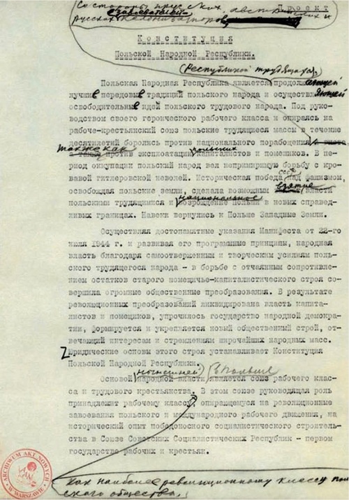 Tekst konstytucji z 1952 r. z odręcznymi poprawkami J. Stalina