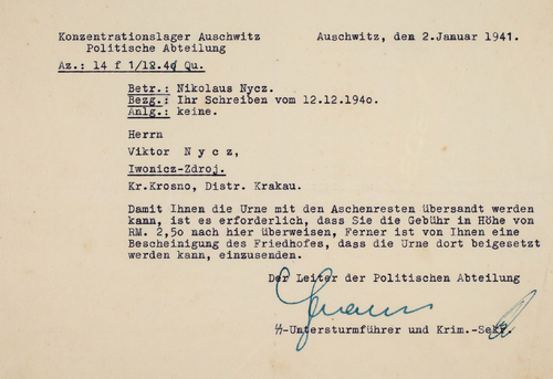 Pismo Szefa Wydziału Politycznego obozu koncentracyjnego Auschwitz do Wiktora Nycza z 2 stycznia 1941 roku z informacją, że jeśli chce otrzymać urnę z prochami brata (Mikołaja Nycza), musi uiścić opłatę.