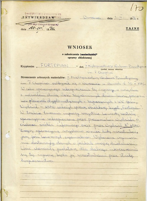 Wniosek o zakończenie sprawy obiektowej „Fortepian”; Warszawa, 9 marca 1976 roku.