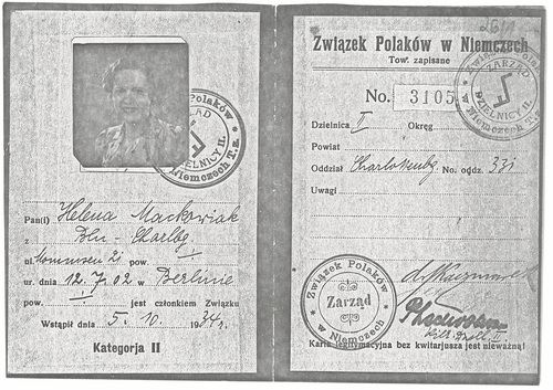 Legitymacja Związku Polaków w Niemczech wystawiona na nazwisko Heleny Maćkowiak w 1934 r. Fotokopia ze zbiorów AIPN