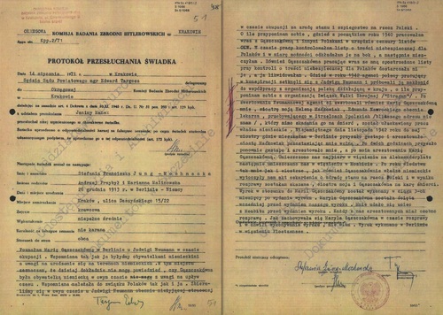 Protokół przesłuchania Stefanii Jung-Mochnackiej z d. Przybył z 14 stycznia 1971 r. w sprawie Marii Gąszczak straconej w więzieniu Alt-Moabit w 1943 r. Ze zbiorów AIPN