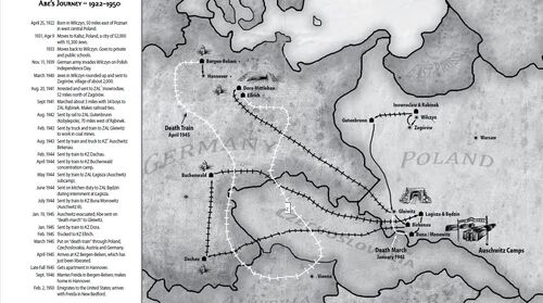 „Wędrówka/tułaczka Abego, 1922-1950” (za: „Branded on My Arm and in My Soul”). Anglojęzyczna mapa z opisem, na której ukazane są obozy i drogi, w których i którymi Niemcy więzili i przewozili Abrahama Landaua w czasie II wojny światowej.