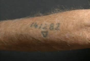 Abraham Landau pokazujący obozowy tatuaż - numer 141282 - na ramieniu; New Bedford, Massachusetts, 27 listopada 1995 roku.