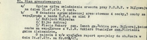 Fragment raportu dekadowego szefa PUBP w Biłgoraju, Bronisława Gallanta, za okres 20-31.07.1947 r., zawierający informację o aresztowaniu Stanisława Szklarza (z zasobu IPN)