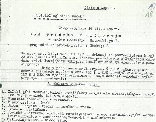 Fragment kopii protokołu oględzin zwłok Stanisława Szklarza (z zasobu IPN)