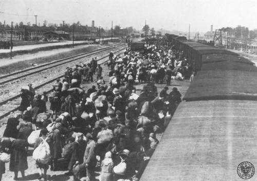 Selekcja transportu więźniów na rampie bocznicy kolejowej w obozie zagłady KL Auschwitz-Birkenau, 27 maja 1944 r. Fot. z zasobu AIPN