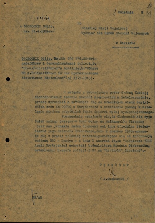 Pismo w sprawie pomocy w ustaleniu miejsca pobytu lub potwierdzenia faktu śmierci Odilo Globocnika. Dokument z akt w sprawie Globocnika, podejrzanego o przynależność do SS oraz zbrodnie na terenie byłego dystryktu lubelskiego w okresie okupacji.