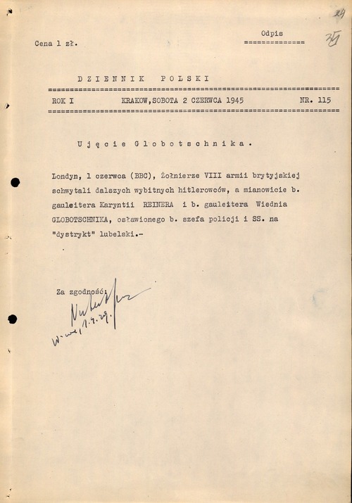 Odpis doniesienia „Dziennika Polskiego” (numer z 2 czerwca 1945 roku) dotyczącego ujęcia Odilo Globocnika.