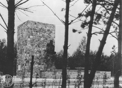 Pierwotny pomnik odsłonięty na terenie byłego obozu w Sobiborze w 1965 roku. Monumentalny, murowano-kamienny pomnik w formie wieży i posągu matki z dzieckiem. Na bocznej ścianie kamiennej wieży umieszczono tablicę z napisem: „W hołdzie pomordowanym przez hitlerowców w latach 1942–1943”. W tle i na pierwszym planie drzewa.