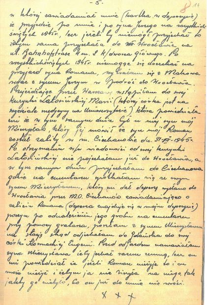 Fragment, odręcznie spisanego, protokołu przesłuchania Stefanii Dziemieszkiewiczowej przez służby komunistyczne. Fragment dotyczy śmierci jej syna, Romana, w 1945 roku. Protokół został spisany w Ciechanowie 25 kwietnia 1950 roku.