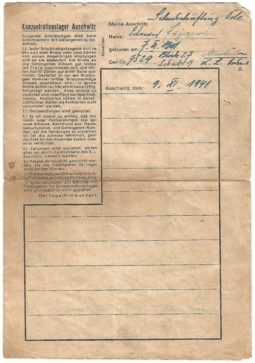 Ostatni list Edwarda Zajączka z KL Auschwitz. Fot. ze zbiorów Krzysztofa Tomasika