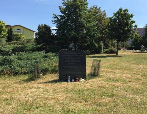 Tablica pamięci pomordowanych oraz dąb posadzony ku czci Zygmunta Jana Rumla w Alei Pamięci Narodowej przy ul. Szymanowskiego w Żarach. Fot. IPN