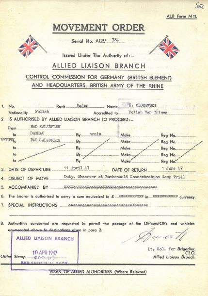 Sporządzony przez brytyjską wojskową administrację okupacyjną w Niemczech dokument transportowy wystawiony dla majora Kazimierza Olszewskiego jako obserwatora na procesie załogi KL Buchenwald. Dokument jest anglojęzyczny i dotyczy przemieszczania się Olszewskiego pociągiem.