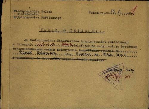 Nakaz zatrzymania Waldemara Baczka z 17 listopada 1946 r. Fot. ze zbiorów AIPN