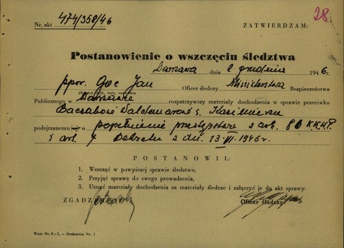 Druk z postanowieniem o wszczęciu śledztwa pzeciwko Waldemarowi Baczakowi z 2 grudnia 1946 r. Fot. ze zbiorów AIPN