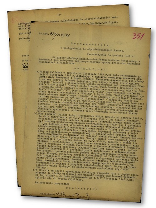Postanowienie o pociągnięciu do odpowiedzialności karnej Waldemara Baczaka z 30 grudnia 1946 r. Fot. ze zbiorów AIPN