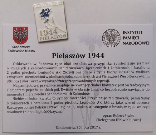 Przypinka okolicznościowa „Sandomierz – Pielaszów 1944”