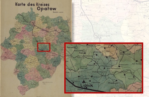 Położenie Pielaszowa i Wesołówki na mapie niemieckiej administracji okupacyjnej okolicy Opatowa - <i>Karte des Kreis Opatów</i>, 1940 (ze zbiorów Biblioteki Narodowej)