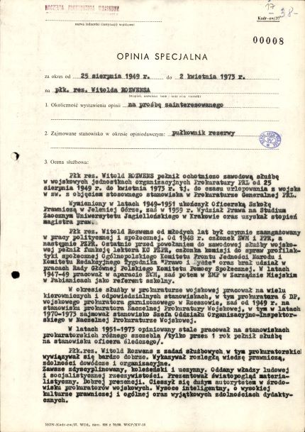 „Opinia specjalna” odnośnie Witolda Rozwensa za okres od 25 sierpnia 1949 roku do 2 kwietnia 1973 roku, strona pierwsza. Fotokopia.