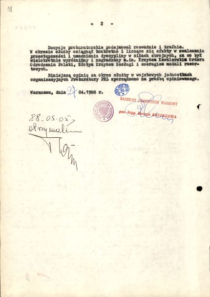 „Opinia specjalna” odnośnie Witolda Rozwensa za okres od 25 sierpnia 1949 roku do 2 kwietnia 1973 roku, strona druga. Fotokopia.