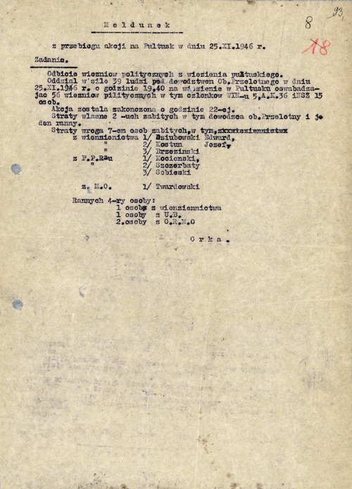 Meldunek z przebiegu akcji na Pułtusk z 25 na 26 listopada 1946 roku sporządzony przez Zygmunta Dąbkowskiego pseudonimy Krym, Orka. Fotokopia.