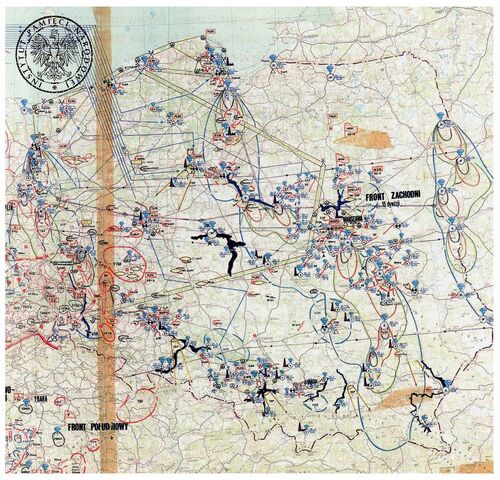 Fragment mapy terytorium PRL prezentujący sytuację na froncie po kilkunastu dniach od rozpoczęcia III wojny światowej. Na mapie zaznaczono miejsca uderzeń bronią jądrową armii Układu Warszawskiego - nuklearne grzybki na czerwono i odwetu NATO - nuklearne grzybki na niebiesko.