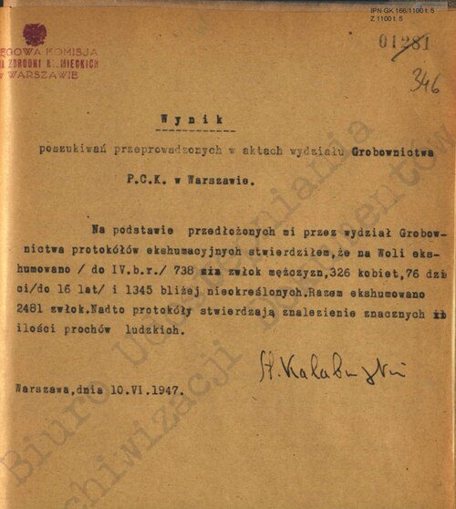 Pismo Okręgowej Komisji Badania Zbrodni Niemieckich w Warszawie z 10 czerwca 1947 roku do Polskiego Czerwonego Krzyża z informacją o wyniku, przeprowadzonych w aktach wydziału grobownictwa, poszukiwań dotyczących prac ekshumacyjnych na warszawskiej Woli. Fotokopia.