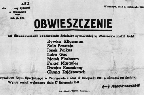 Obwieszczenie Heinza Auerswalda z 17 listopada 1941 o wykonaniu pierwszego wyroku śmierci na ośmiu Żydach za „nieuprawnione opuszczenie dzielnicy żydowskiej”