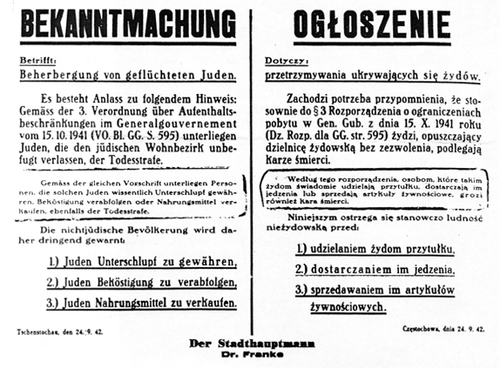 Obwieszczenie okupacyjnych władz Częstochowy z 24 września 1942 przypominające o karze śmierci grożącej za pomaganie Żydom