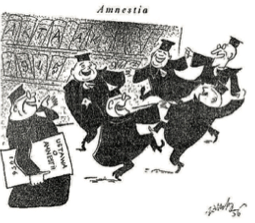 Satyryczny rysunek w dwutygodniku „Prawo i Życie” przedstawiający grupę mężczyzn w togach podskakujących/tańczących radośnie