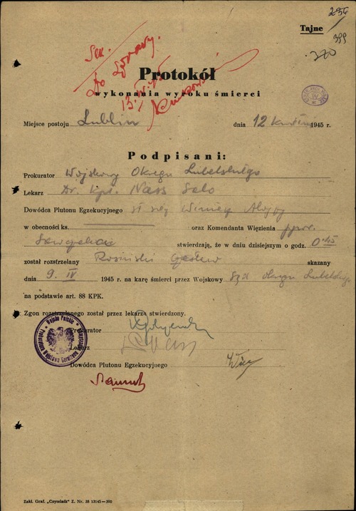 Protokół wykonania na Czesławie Rossińskim kary śmierci, Lublin, 12 kwietnia 1945 roku. Protokół informuje, że w mordzie - dokonanym przez pluton egzekucyjny - uczestniczyli prokurator Wojskowego Okręgu Lubelskiego, lekarz i Komendant Więzienia.