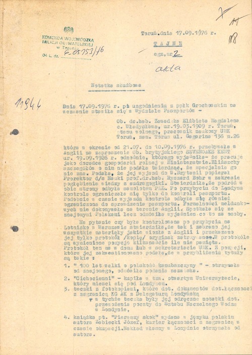 Notatka służbowa z 17 września 1976 r. dotycząca Elżbiety Zawackiej
