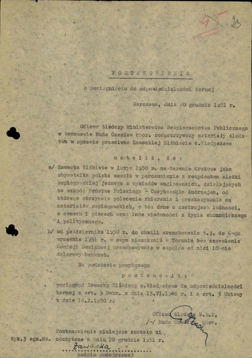 Postanowienie z 20 grudnia 1951 r. o pociągnięciu do odpowiedzialności Elżbiety Zawackiej