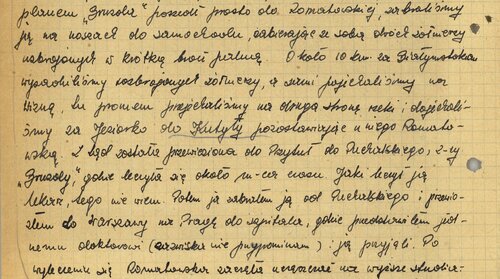 Kolejny fragment zeznań Stanisława Marchewki „Ryby” dotyczący uwolnienia „Iskry”. Fotokopia dokumentu sporządzonego odręcznie na kartce papieru zeszytowego.