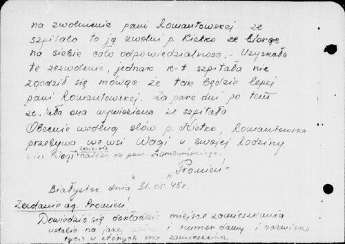 Doniesienie informatora pseudonim Promień z 31 maja 1945 roku dotyczące okoliczności uwolnienia „Iskry”. Fotokopia odręcznie sporządzonego dokumentu (strona druga).