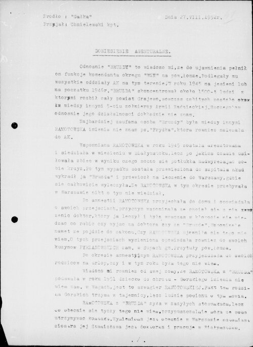 Doniesienie agenturalne z 27 sierpnia 1952 roku dotyczące Franciszki Ramotowskiej i jej kontaktów z „Bruzdą”. Fotokopia dokumentu maszynowego (strona pierwsza).