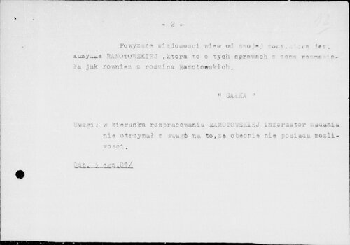 Doniesienie agenturalne z 27 sierpnia 1952 roku dotyczące Franciszki Ramotowskiej i jej kontaktów z „Bruzdą”. Fotokopia dokumentu maszynowego (strona druga).