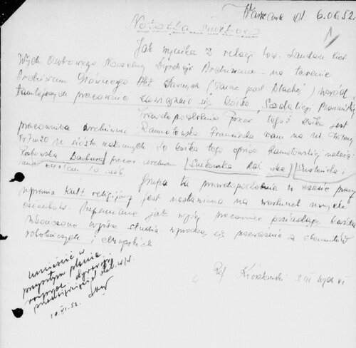 Notatka służbowa z 6 czerwca 1952 roku dotycząca domniemanego istnienia w Archiwum Głównym Akt Dawnych kółka religijnego z udziałem między innymi Franciszki Ramotowskiej. Fotokopia odręcznie sporządzonego dokumentu.