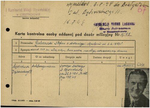 Karta osoby oddanej pod dozór milicyjny dotycząca Stefana Golczewskiego. Ze zbiorów AIPN