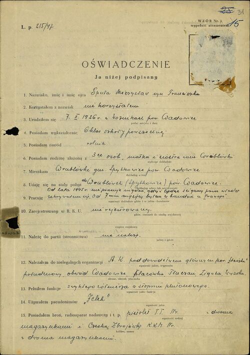 Pierwsza strona oświadczenia ujawnieniowego Mieczysława Spuły. Wadowice, 18 kwietnia 1947 r. Fot. ze zbiorów IPN