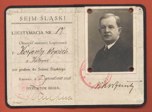 Legitymacja Wojeciecha Korfantego jako posła do Sejmu Śląskiego II kadencji, 1930 r., ze zbiorów Muzeum Historii Katowic