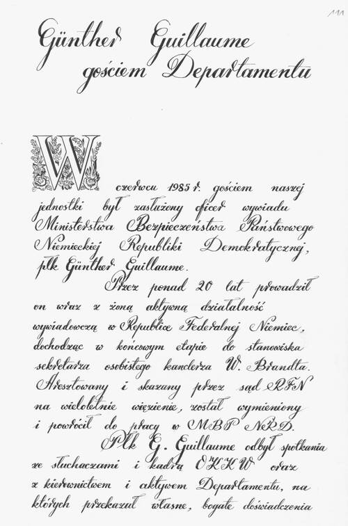 Fragment Kroniki Departamentu I MSW z 1984 r., poświęcony wizycie Güntera Guillaume