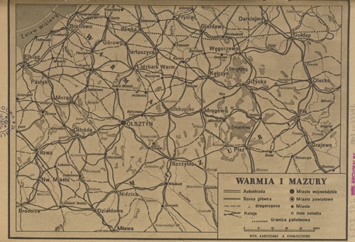 Mapa z książki <i>Mazury i Warmia</i> J. Grabowskiego (1882-1950), Warszawa 1948