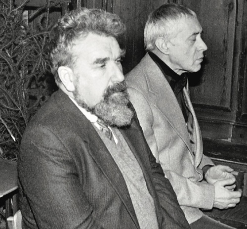 Kazimierz Godłowski (z lewej) z Adamem Macedońskim na spotkaniu w klasztorze Ojców Dominikanów, Kraków 1992 r.